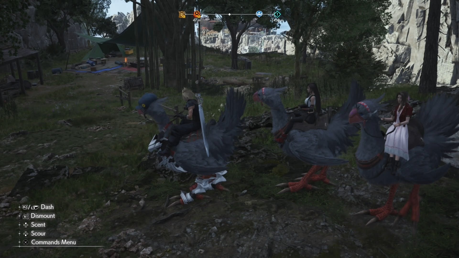 Cloud, Tifa and Aerith on grey mountian chocobos in Junon looking at Encampment Vestiges location nearby in Final Fantasy 7 Rebirth.