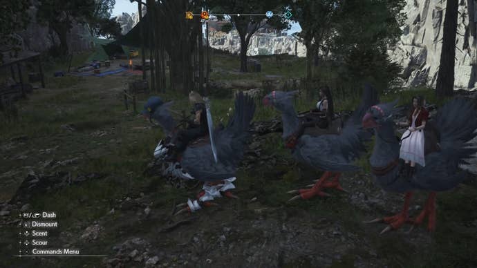 Cloud, Tifa and Aerith on grey mountian chocobos in Junon looking at Encampment Vestiges location nearby in Final Fantasy 7 Rebirth.