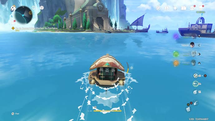 A waverider boat on the water going towards a pier.