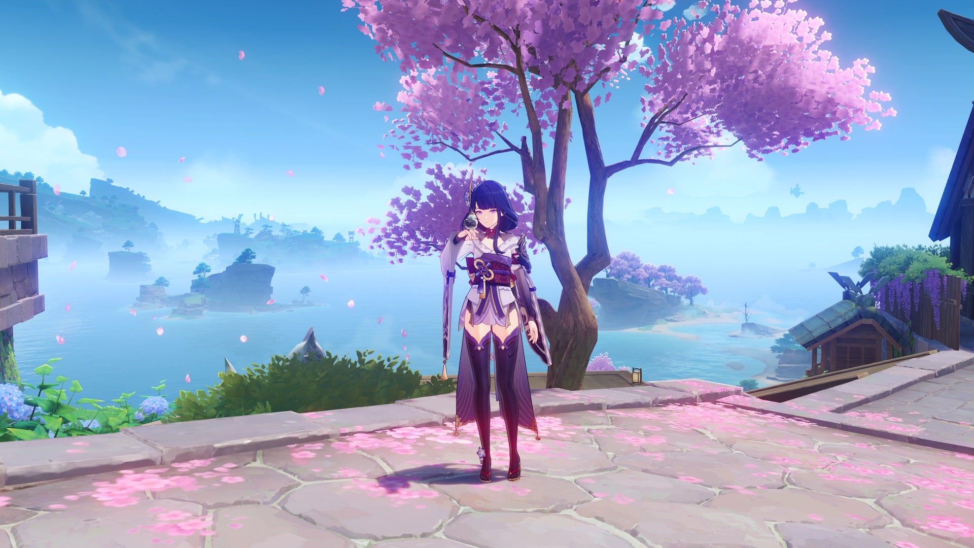 raiden shogun with her arm raised and a small bird on her hand, while standing in front of a cherry blossom tree with a body of water in the background