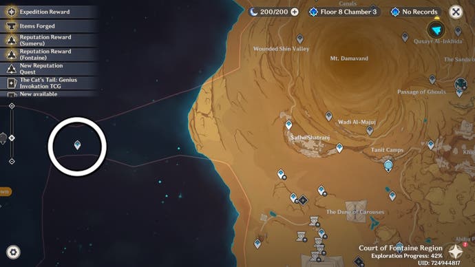 White circle indicating the Natlan teleport point that takes you directly to Natlan in Genshin Impact.