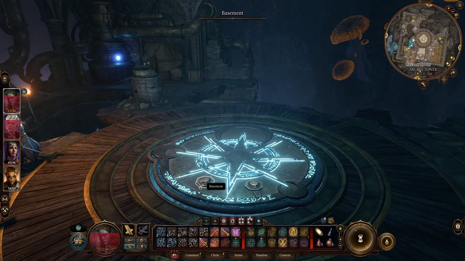 Cursor on the basement button on a blue glowing elevator with a star pattern.