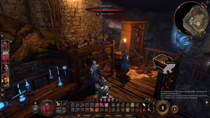 Cursor on a gilded chest which is by a bookcase and desk in the foreground.