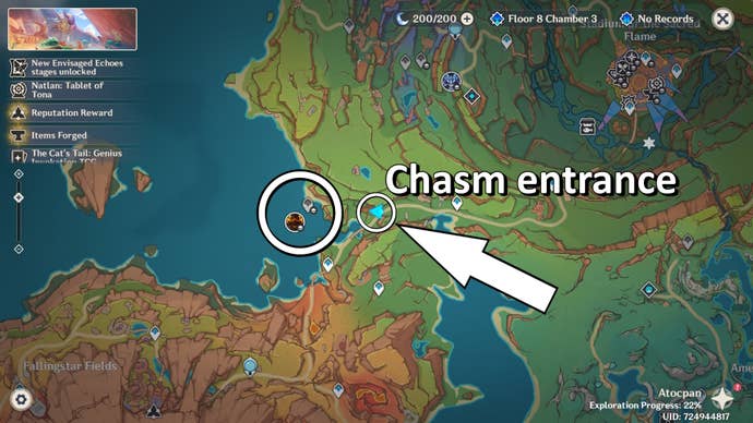 Arrow on Natlan map pointing to a chasm entrance, and circles showing the chasm and Lava Dragon Statue location in Genshin Impact.