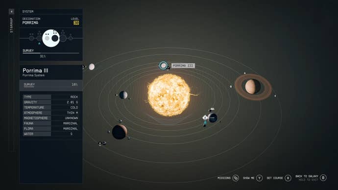 menu of porrima star system with porrima 3 highlighted