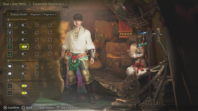 Toggling options to hide armor in Monster Hunter Wilds.