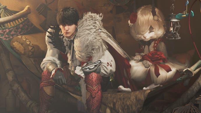 A male hunter and palico sitting down in a tent in Monster Hunter Wilds.