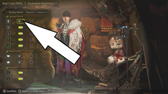 Arrow pointing to the option to hide helmet in Monster Hunter Wilds.