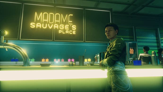 A yellow neon-lit bar with a woman leaning on it and a yellow neon sign with the text 'madam sauvage's place'.