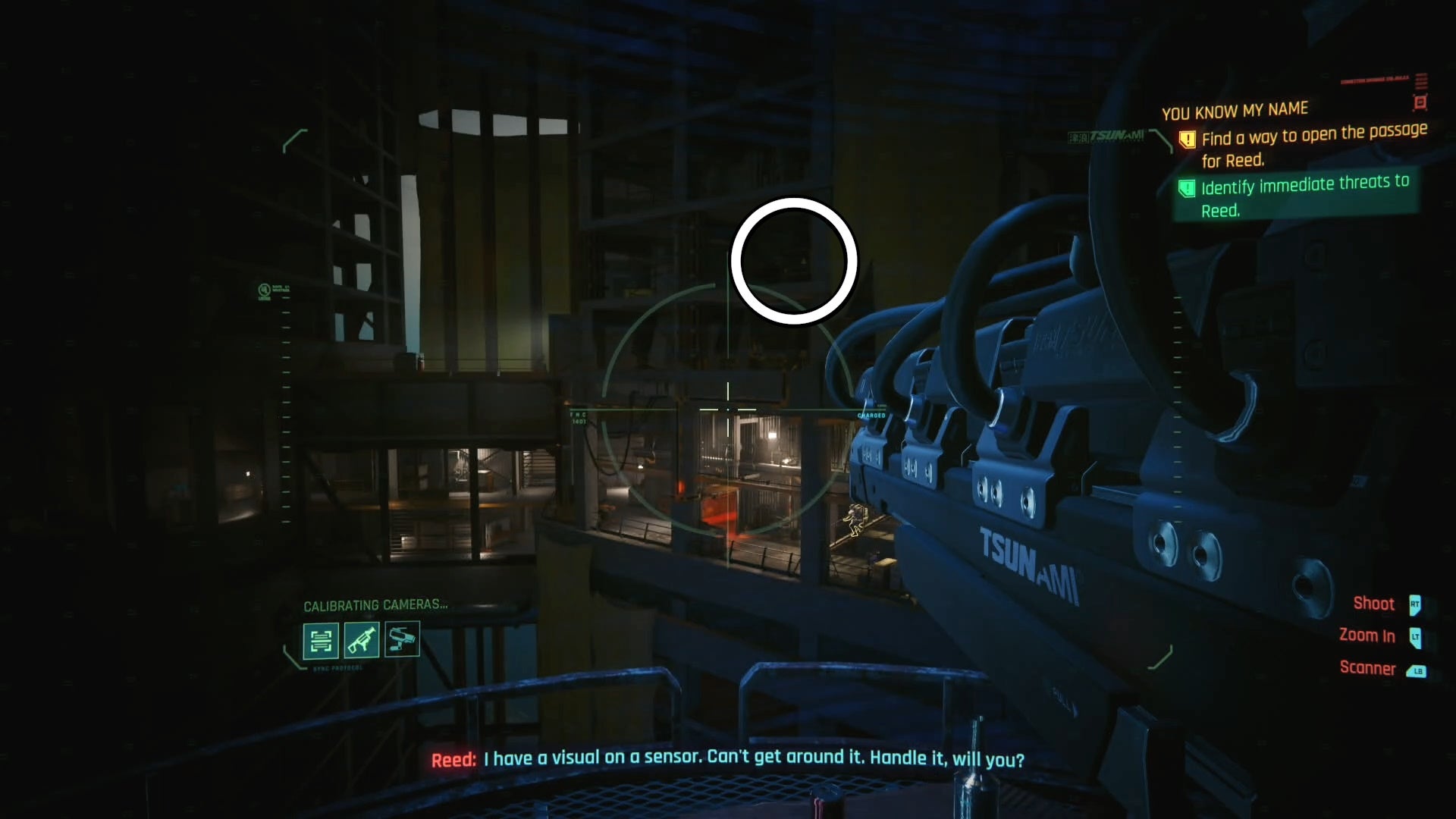 sniper nest view of aiming at a power box with the box circled