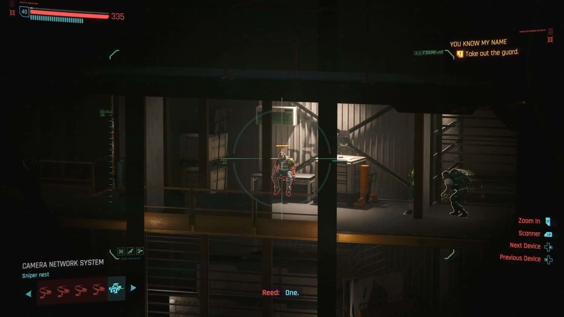 sniper nest view of aiming at a guards head