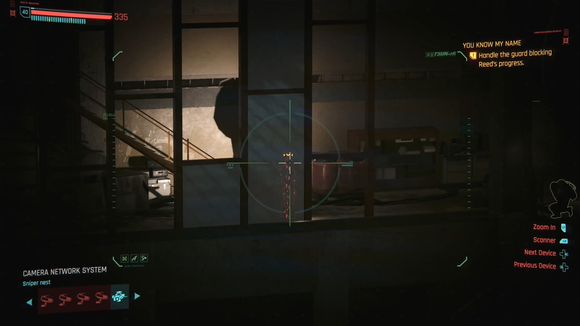 sniper nest view of aiming at a guards head through a wall