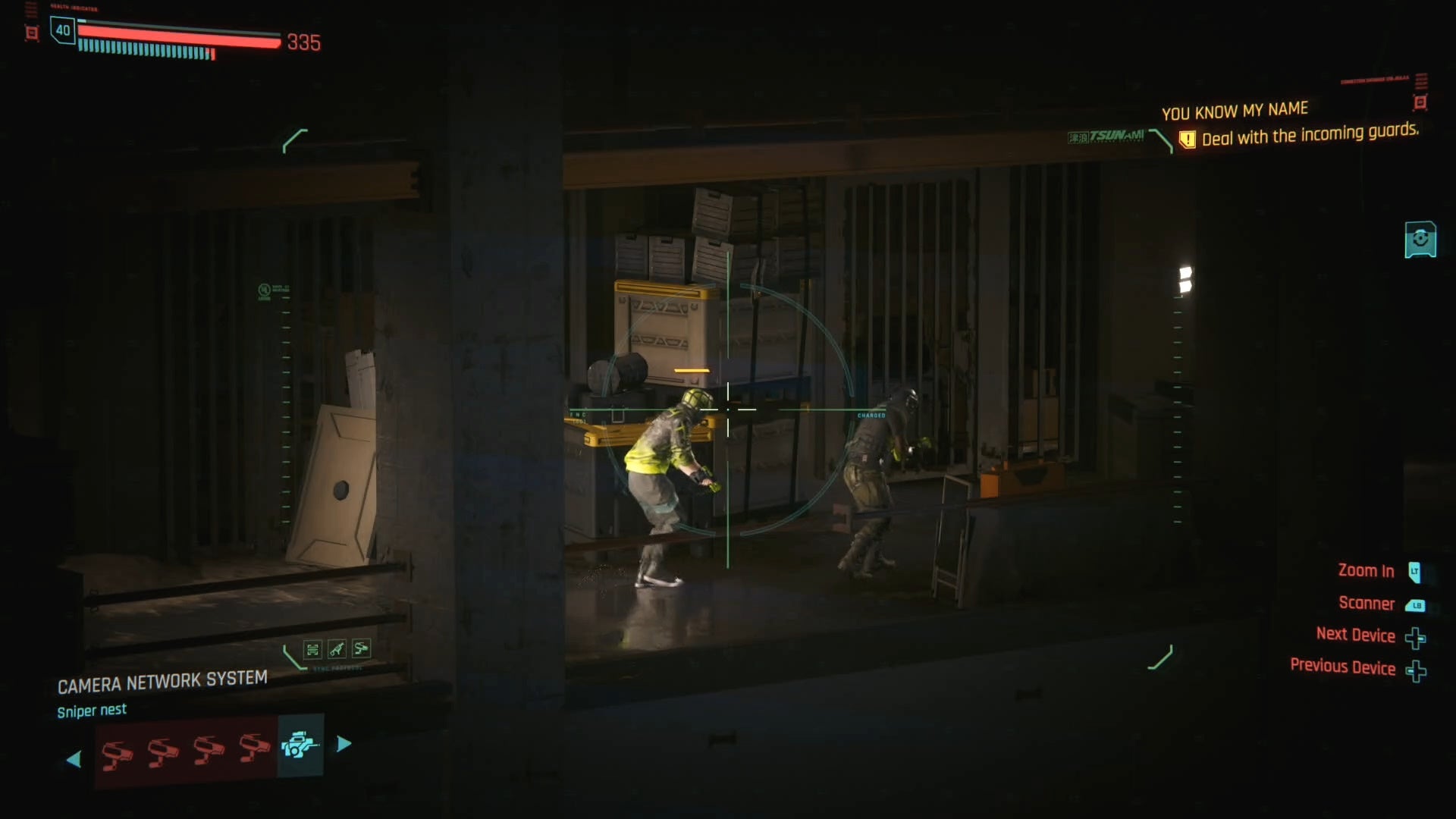 sniper nest view of aiming at two incoming guards