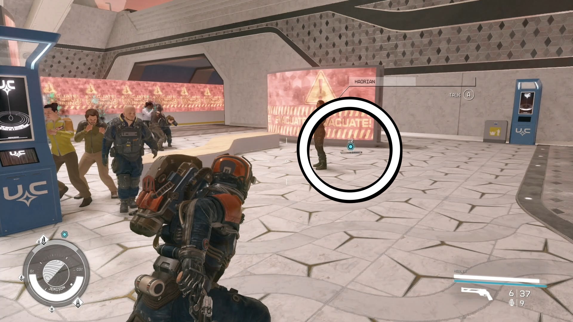 third person view of people attacking uc security with an em gun circled on the ground