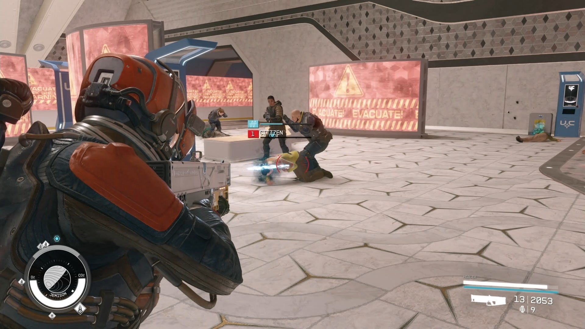 third person view of shooting a human with em gun