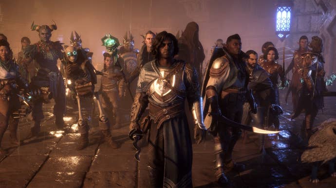 Rook with all of their companions facing the camera in Dragon Age: the Veilguard.