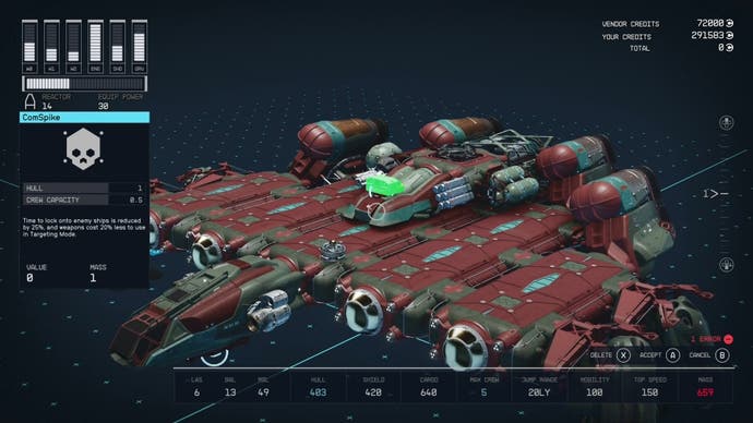 ship builder menu with comspike module being installed at the top of a green and maroon ship