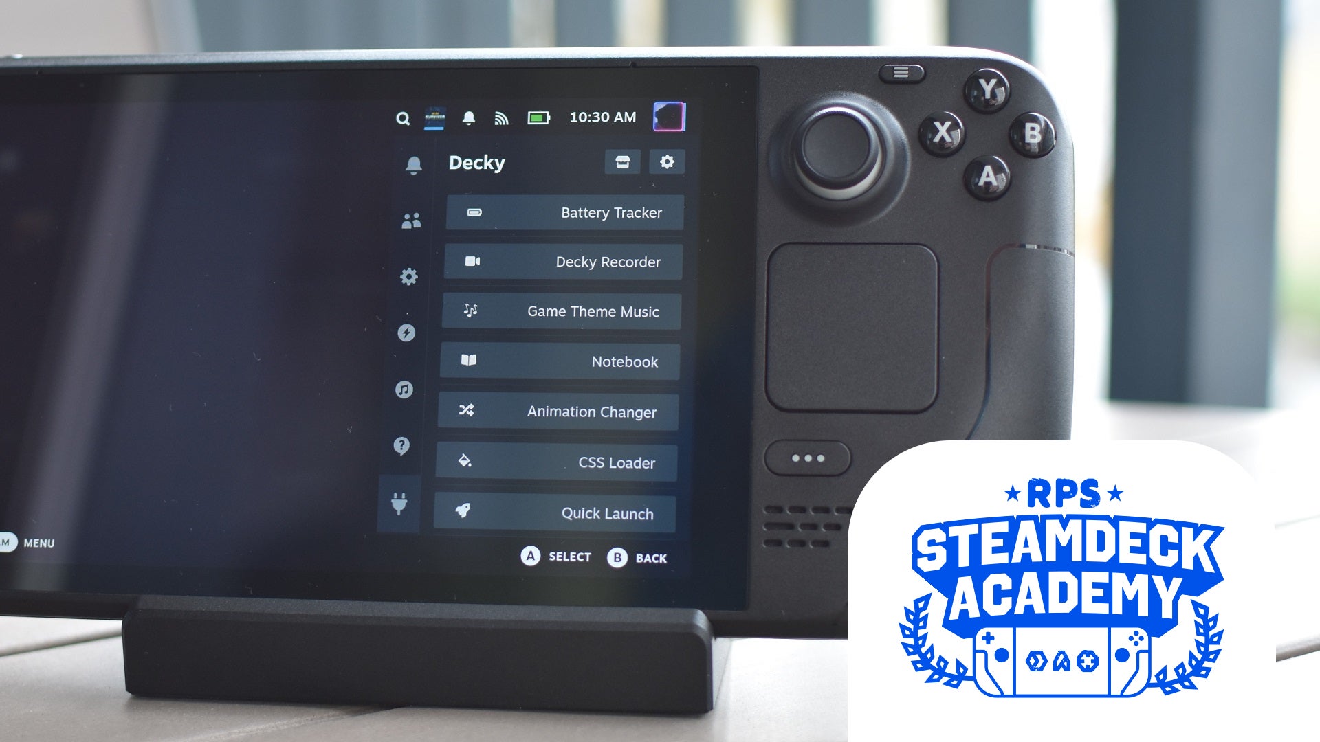 Decky Loader running on a Steam Deck, showing a list of installed plugins. The RPS Steam Deck Academy logo in added in the bottom right corner. - 1