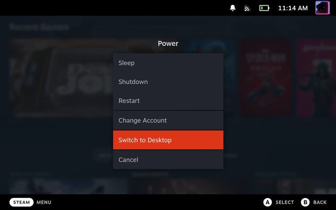 Step 1 of how to install Decky Loader on the Steam Deck: hold down the power button and select Switch to Desktop.