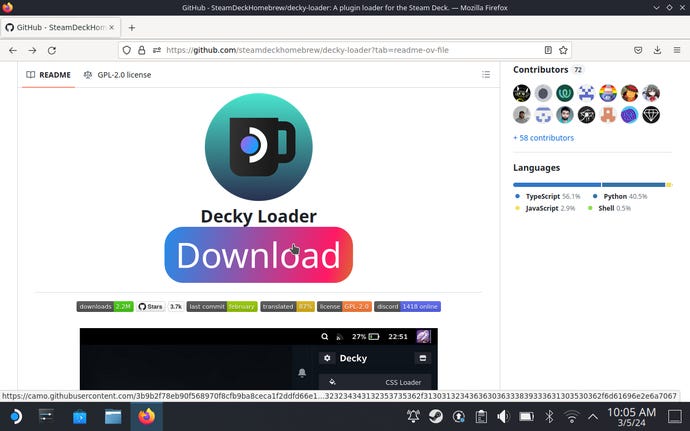 Step 2 of how to install Decky Loader on the Steam Deck: open a browser and access Decky's GitHub page. Click the big Download button to download the installer.