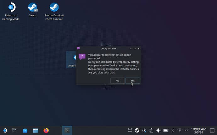 Step 3 of how to install Decky Loader on the Steam Deck: drag the installer to your desktop and launch it. Go through the installer, and either enter your admin password or allow Decky Loader to set a temporary password if you don’t have one.