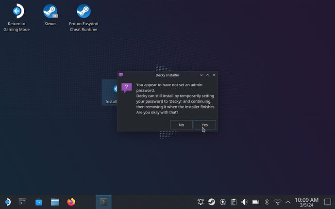 Step 3 of how to install Decky Loader on the Steam Deck: drag the installer to your desktop and launch it. Go through the installer, and either enter your admin password or allow Decky Loader to set a temporary password if you don't have one.