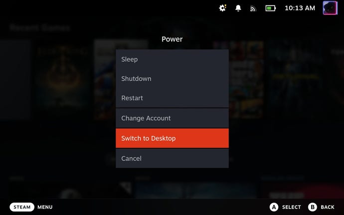 How to install GeForce Now on the Steam Deck step 1: Hold down the Steam Deck power button and select Switch to Desktop.