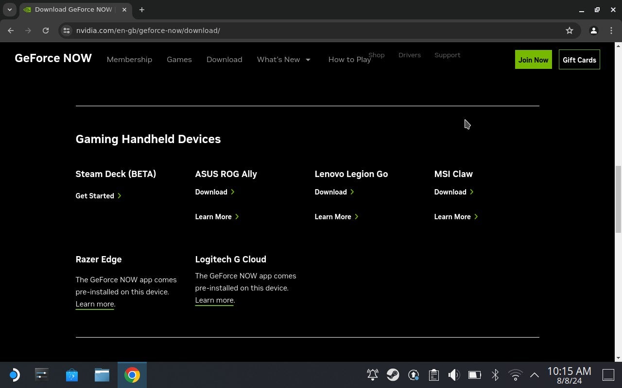 How to install GeForce Now on the Steam Deck step 2: In desktop mode, open a browser ande visit the GeForce Now download page. Find the Steam Deck section and click Get Started. - 6
