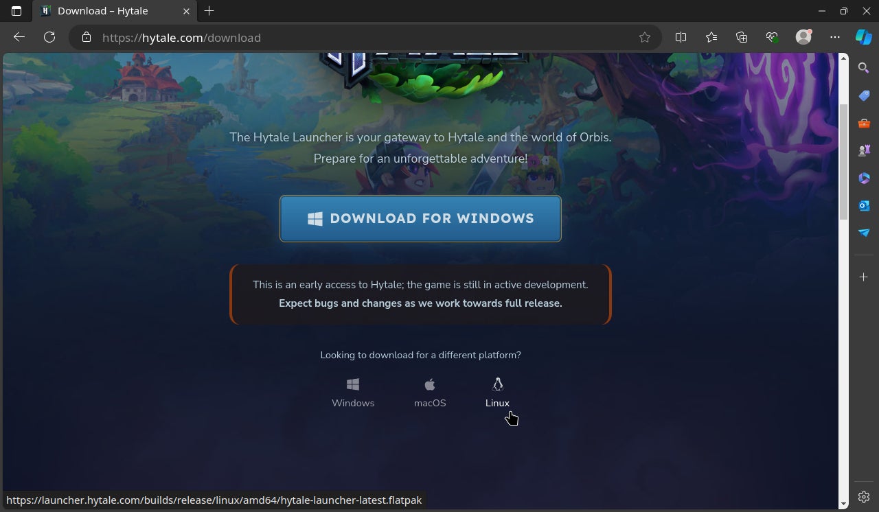 Step 4 of how to install Hytale on the Steam Deck: scroll down and click the Linux installer icon to download the Flatpak. - 6