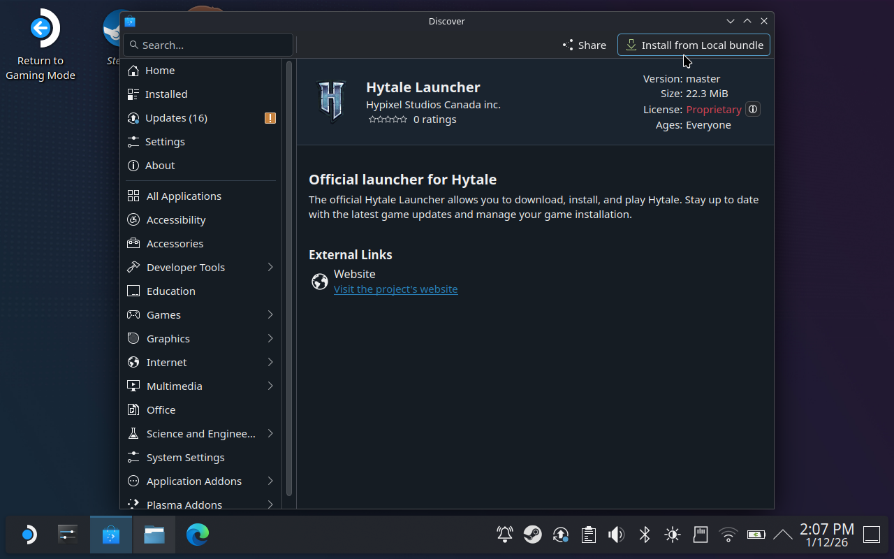 Step 6 of how to install Hytale on the Steam Deck: Click Install from Local Bundle. - 8