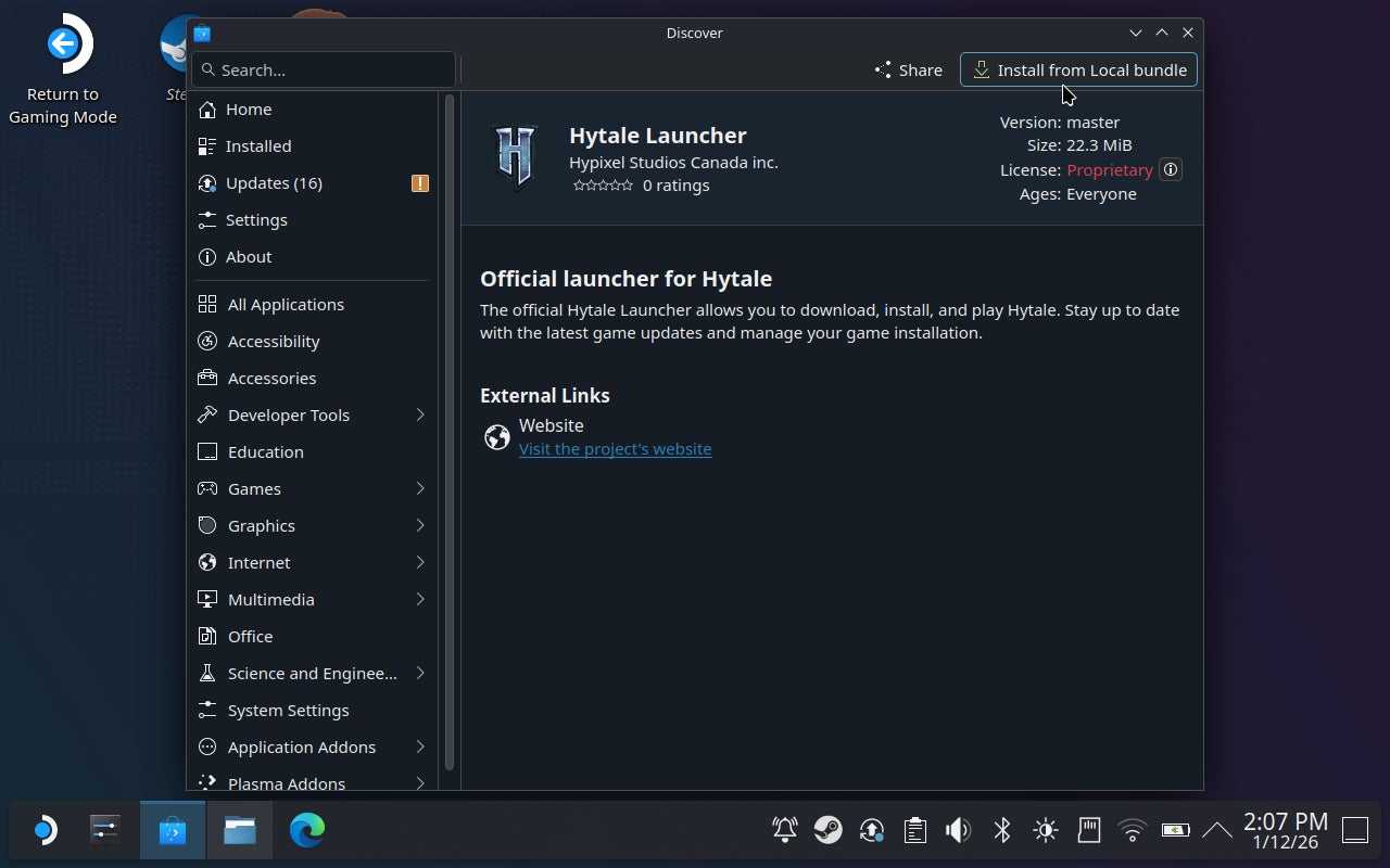Step 6 of how to install Hytale on the Steam Deck: Click Install from Local Bundle. - 8