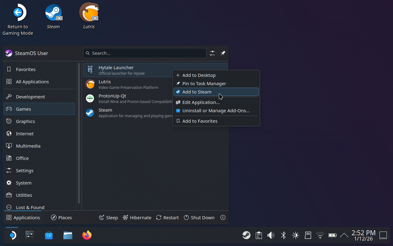 Step 7 of how to install Hytale on the Steam Deck: Add the newly installed launcher to Steam as a non-Steam game. - 9