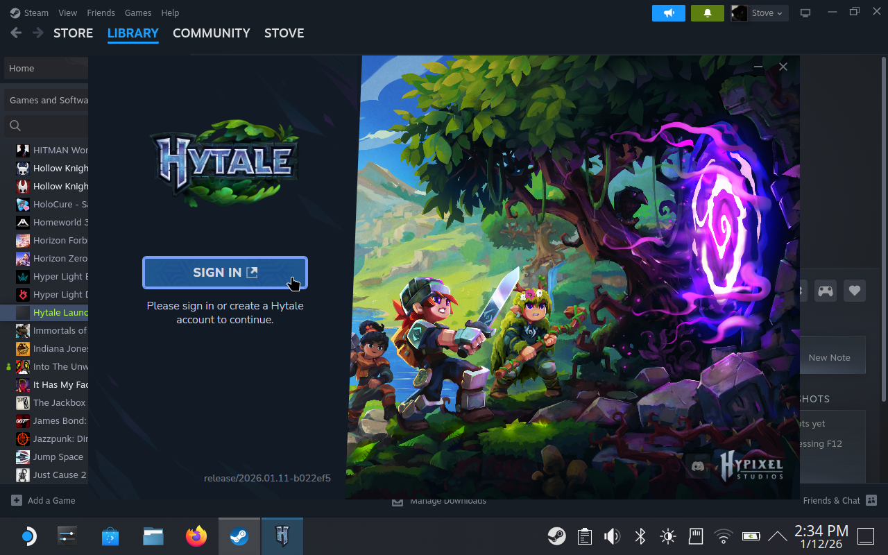 Step 8 of how to install Hytale on the Steam Deck: open the launcher and sign in with your Hytale account. - 10