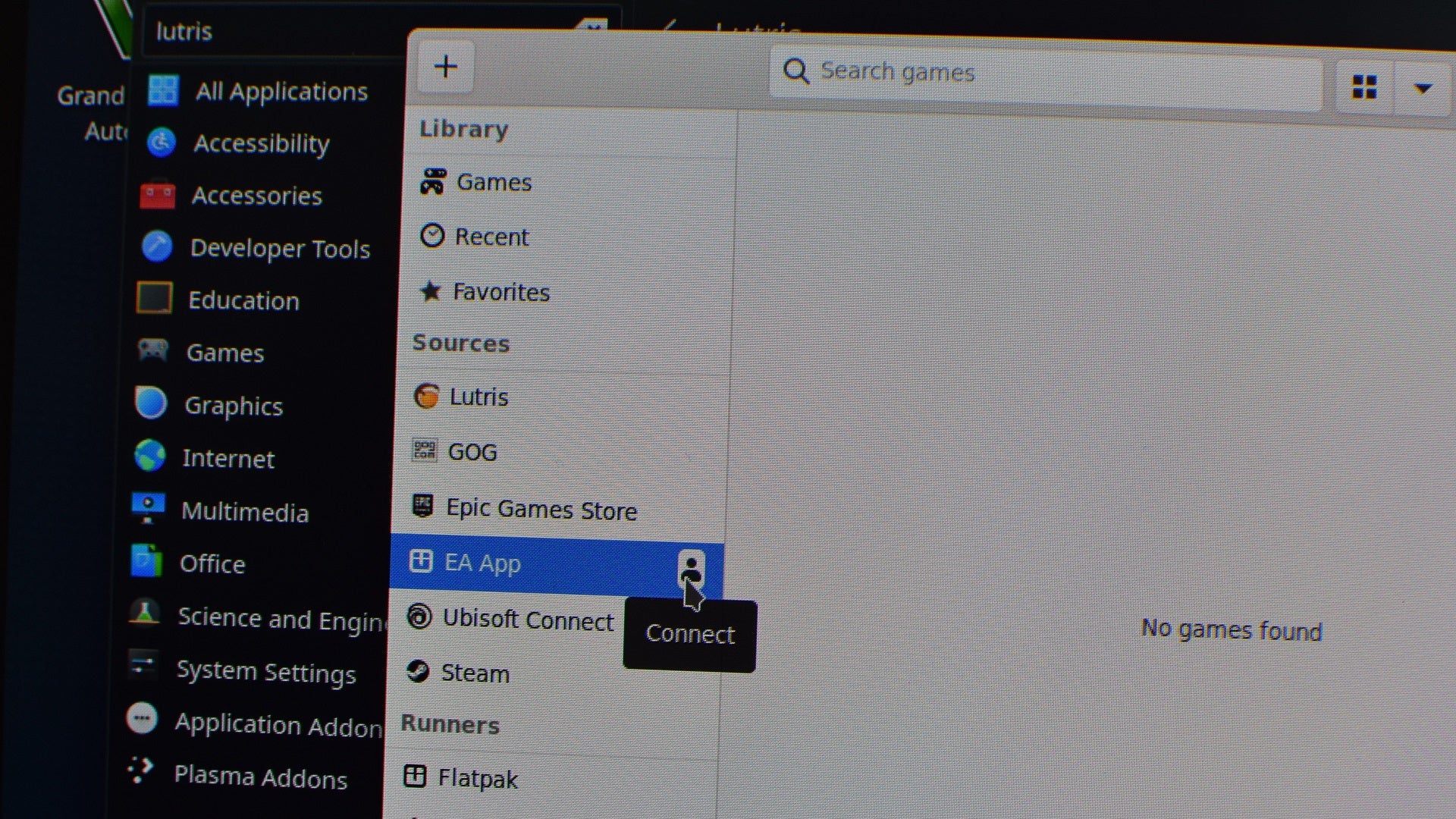 Step 4a of how to install and use Lutris on the Steam Deck: select the Connect icon of a launcher to begin installing it - 7