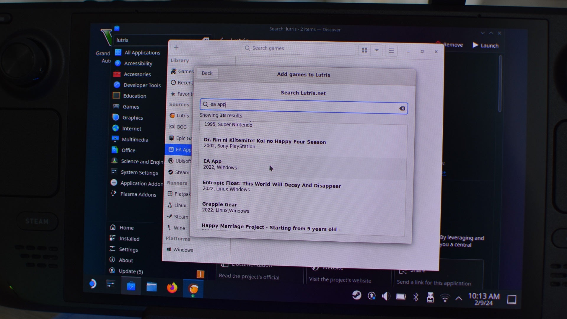 Step 4b of how to install and use Lutris on the Steam Deck: search for an launcher with Lutris' search tool - 8