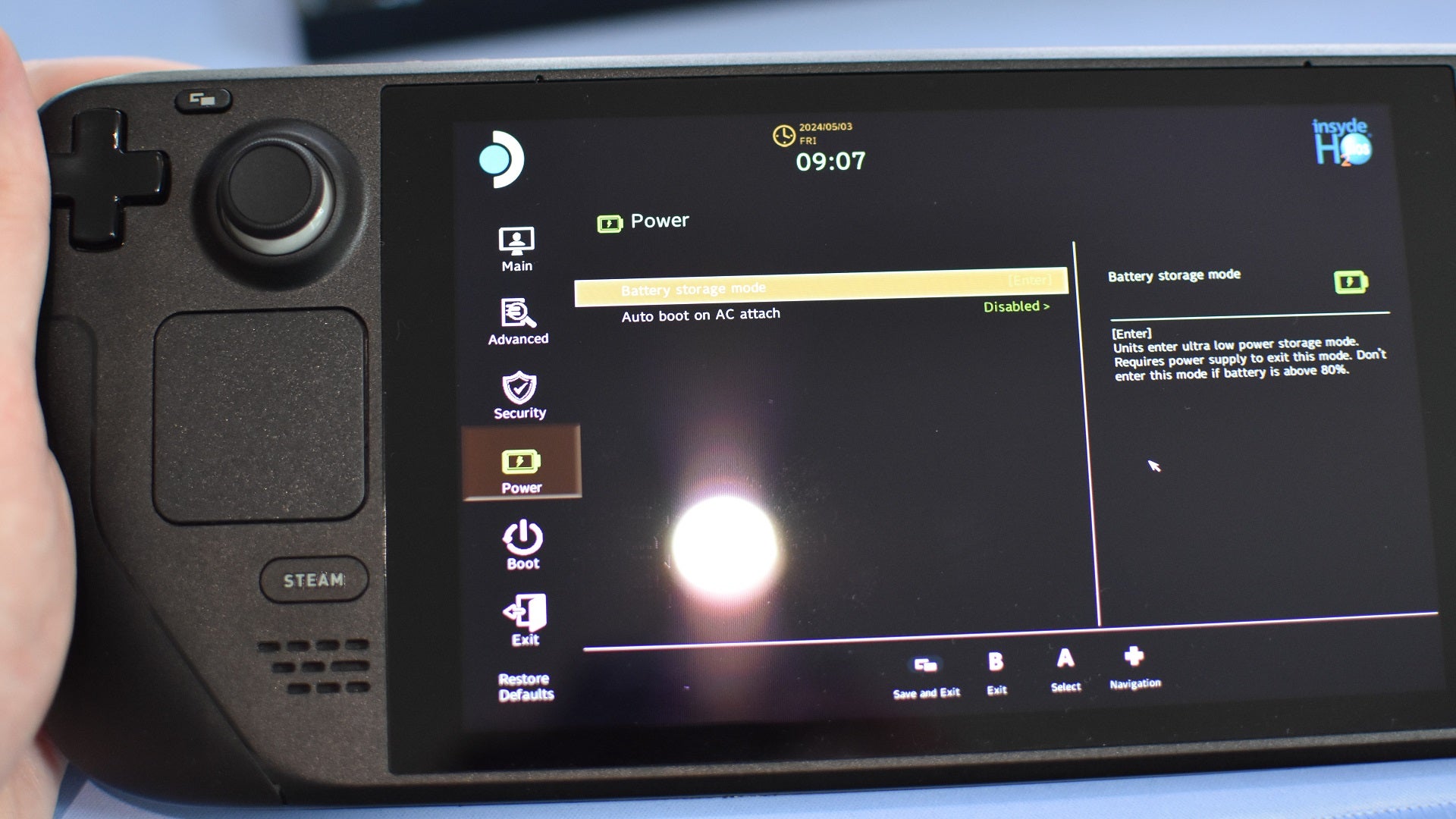Step 1 of how to install an SSD in a Steam Deck: enter Battery Storage mode by holding both the Volume Up and power buttons when the Steam Deck is switched off. This will boot into the BIOS, where you can navigate to Setup Utility, then the Power menu. Activate Battery Storage mode here and confirm. - 6