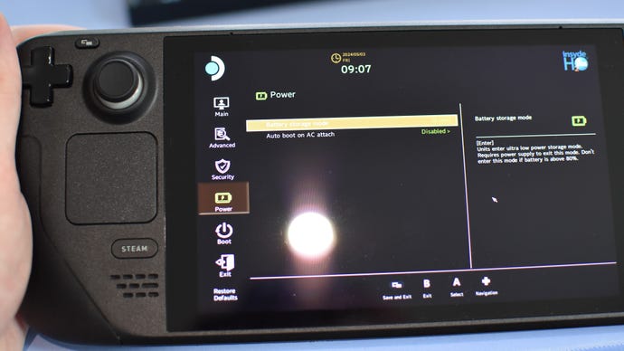 Step 1 of how to install an SSD in a Steam Deck: enter Battery Storage mode by holding both the Volume Up and power buttons when the Steam Deck is switched off. This will boot into the BIOS, where you can navigate to Setup Utility, then the Power menu. Activate Battery Storage mode here and confirm.