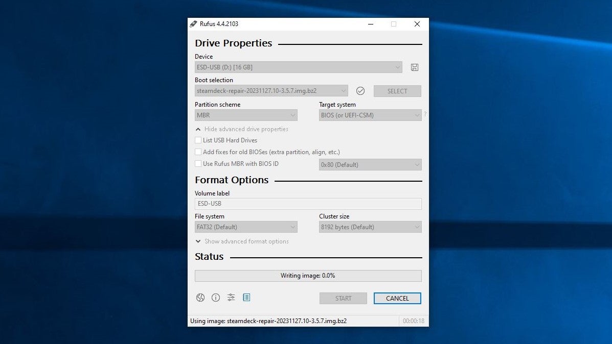 Step 11 of how to install an SSD in a Steam Deck: Download the SteamOS recovery image on a separate PC, as well as the Rufus drive writing utility. Plug in a USB drive and use Rufus to write the SteamOS recovery image to the USB. - 18