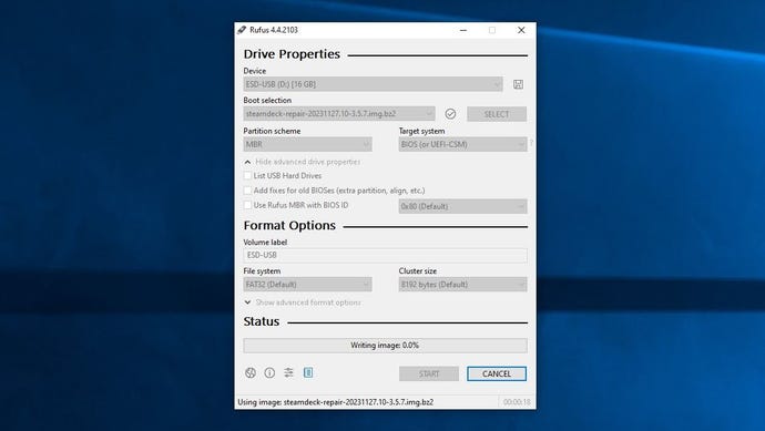 Step 11 of how to install an SSD in a Steam Deck: Download the SteamOS recovery image on a separate PC, as well as the Rufus drive writing utility. Plug in a USB drive and use Rufus to write the SteamOS recovery image to the USB.