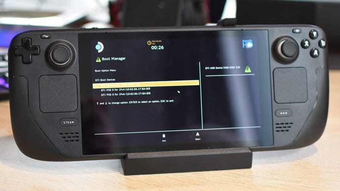Step 12 of how to install an SSD in a Steam Deck: Exit Battery Storage mode by connecting the Steam Deck's power cable and pressing the power button. Then, connect the USB drive via adapter or dock to the Steam Deck. Hold Volume Down and press the power button to open the boot menu, then select 'EFI USB Device'.