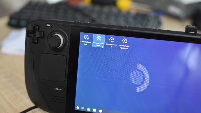 Step 13 of how to install an SSD in a Steam Deck: Use the trackpad to double-click the Reimage Steam Deck shortcut.