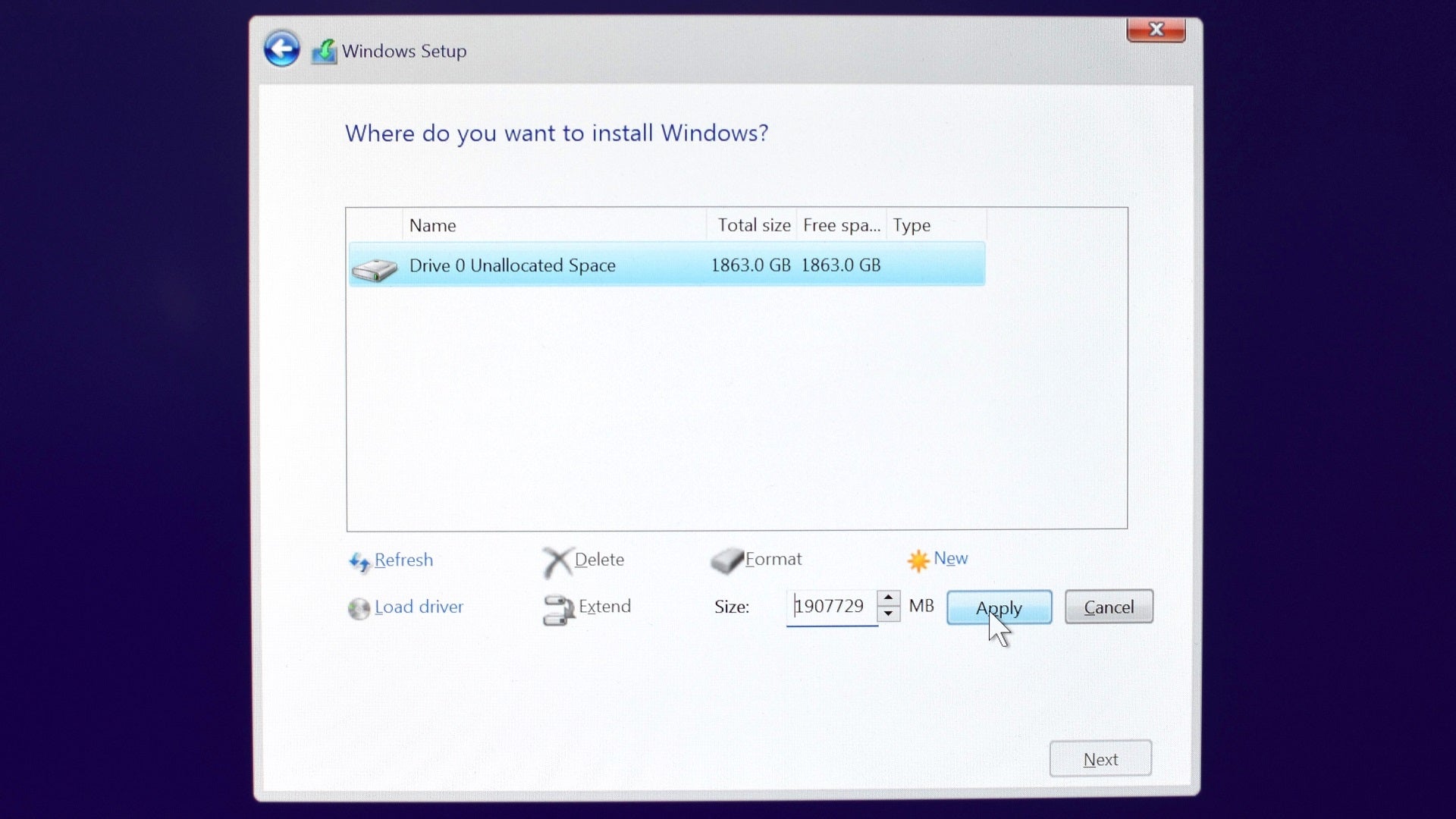 Step 4 of how to install Windows: select &lsquo;Customize&rsquo; then select the storage drive you want to install Windows on. Click &lsquo;Format&rsquo;, then &lsquo;New&rsquo;, then &lsquo;Apply&rsquo;. Finally, select the largest, newly-created partition and click &lsquo;Next&rsquo;.