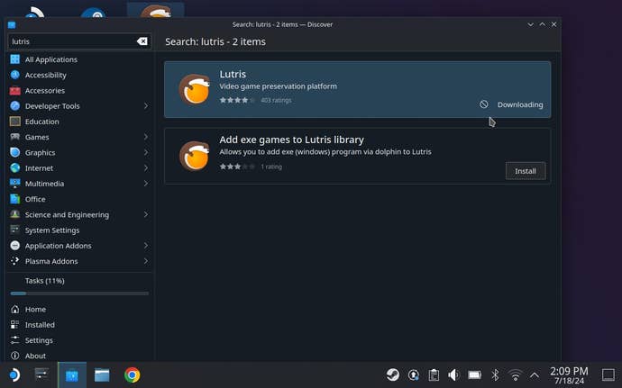 Step 1 of how to install Zenless Zone Zero on Steam Deck: Install Lutris via the Discover app.