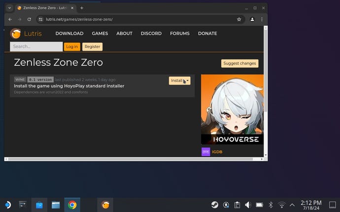 Step 2 of how to install Zenless Zone Zero on Steam Deck: Visit https://lutris.net/games/zenless-zone-zero/ and click the Install button, the "Open xdg-open"
