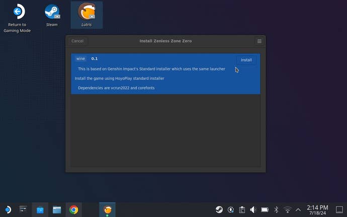 Step 3 of how to install Zenless Zone Zero on Steam Deck: Click Install.