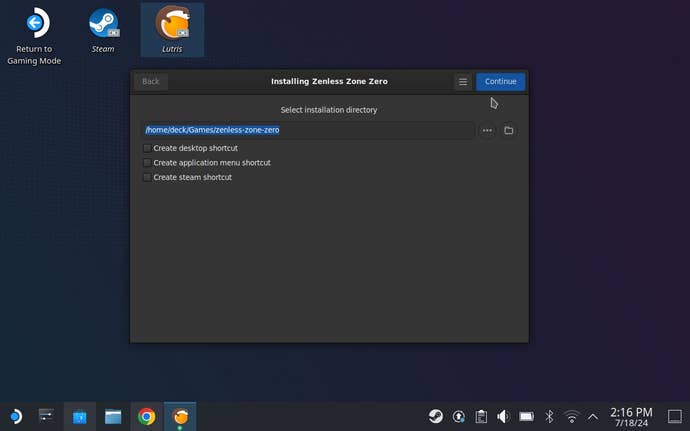 Step 4 of how to install Zenless Zone Zero on Steam Deck: Click Continue.