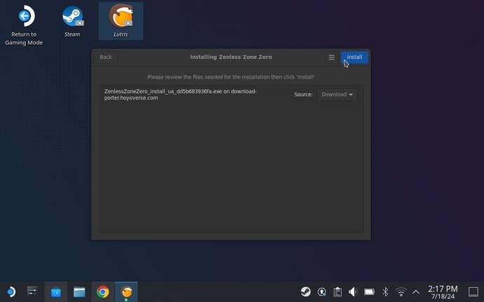 Step 5 of how to install Zenless Zone Zero on Steam Deck: Click Install.