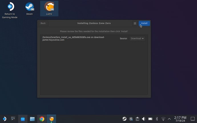 Step 5 of how to install Zenless Zone Zero on Steam Deck: Click Install.