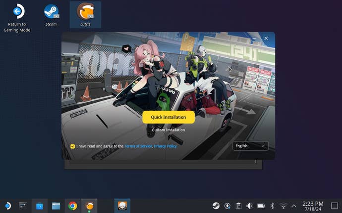 Step 6 of how to install Zenless Zone Zero on Steam Deck: Once the launcher appears, agree to the terms of service and click Quick Installation. Once finished, close the launcher window instead of launching.
