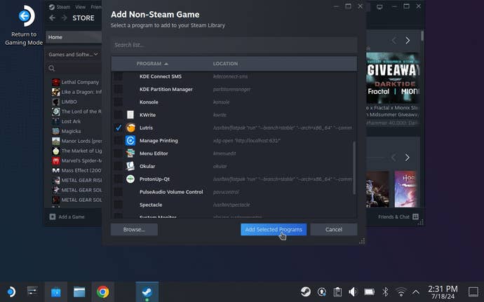 Step 7 of how to install Zenless Zone Zero on Steam Deck: Add Lutris to Steam as a non-Steam game.